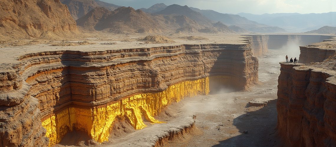 Rugged canyon revealing golden deposits.