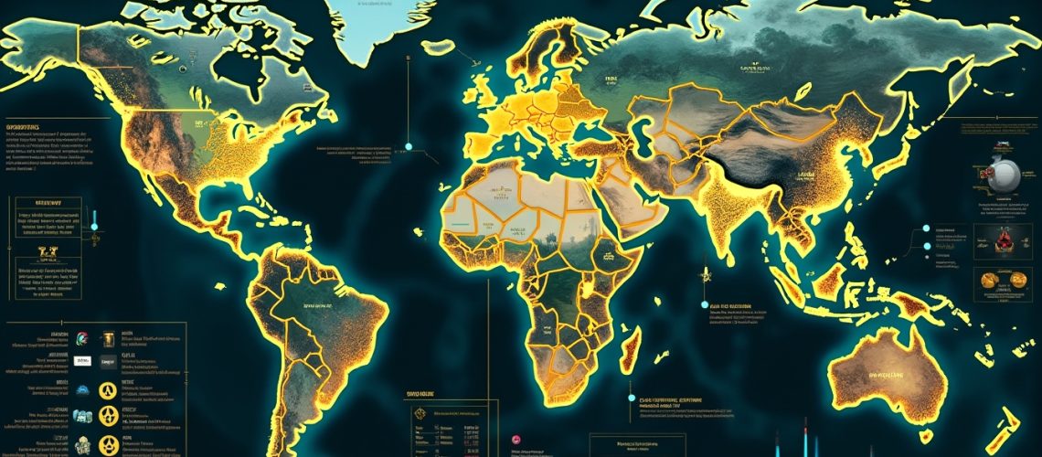 World map highlighting global energy production regions with detailed infographics and statistics.