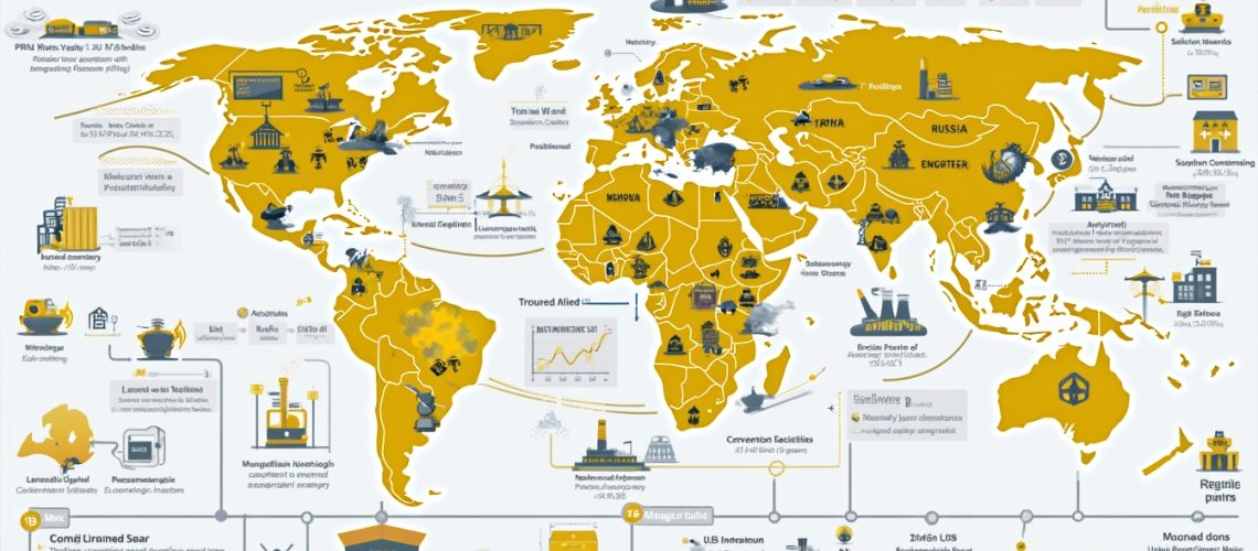 World map illustrating a fictional supply chain with icons and text across continents.