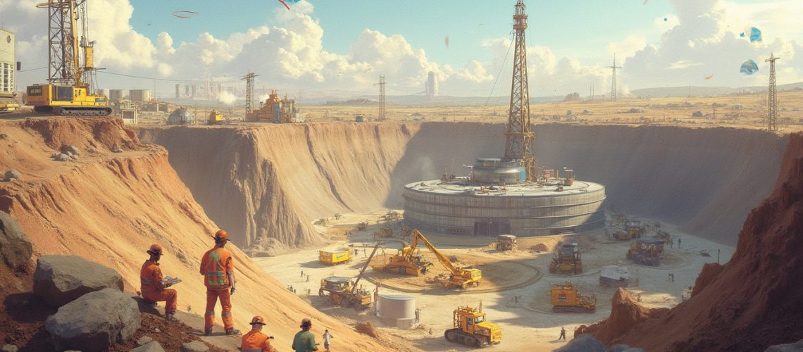 Construction workers observe a large pit with machinery and a cylindrical structure at its center.