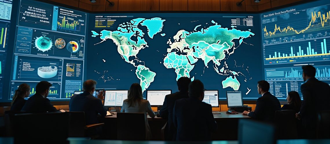 People analyzing data on large screens displaying world maps and charts in a control room.