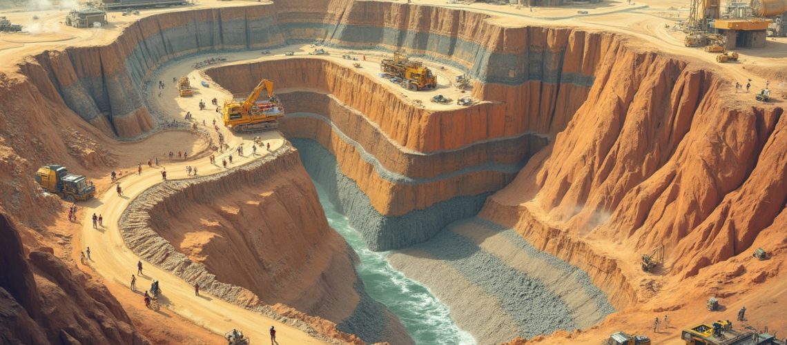 Massive open pit mine with terraces, heavy machinery, and people working amidst the rugged landscape.