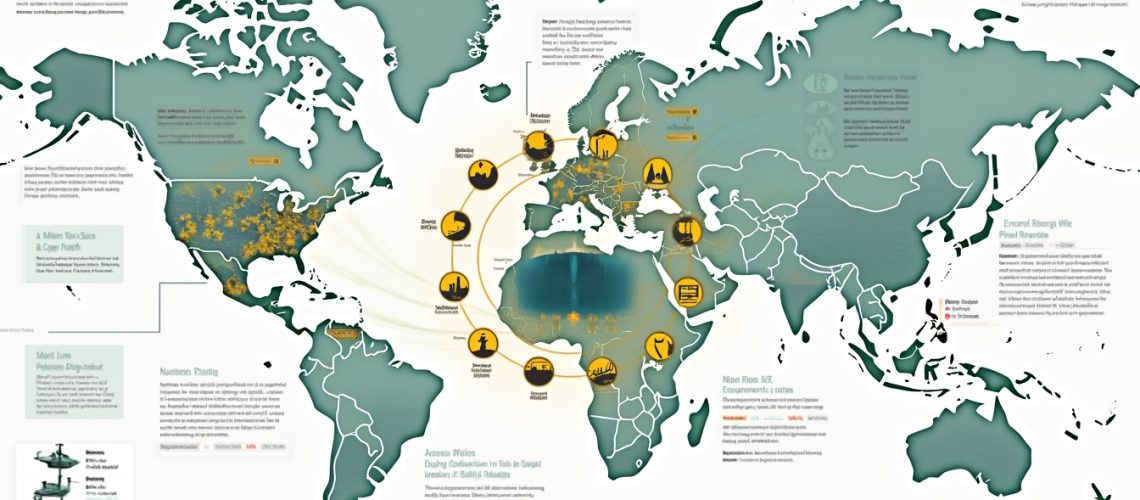 World map depicting various geographical locations connected by pathways and icons with text bubbles.