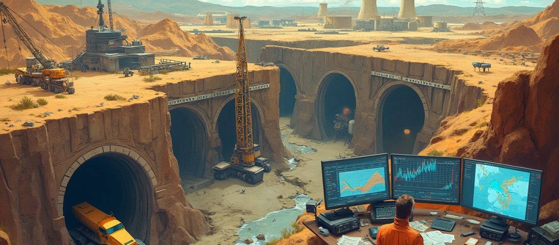 Desert construction site with tunnels, cranes, and a man at a control desk with three monitors.