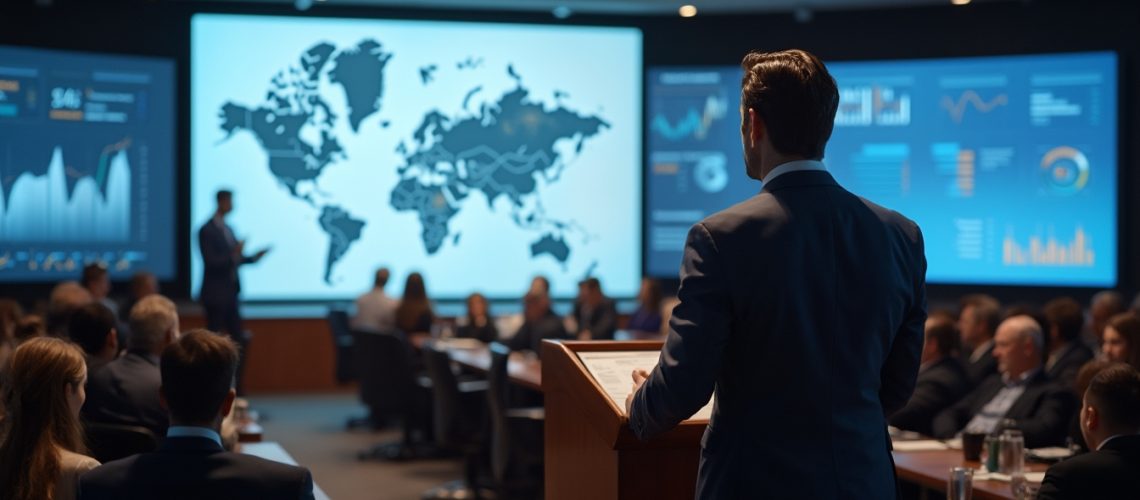 Man presenting to a conference room with data and world map on screens.