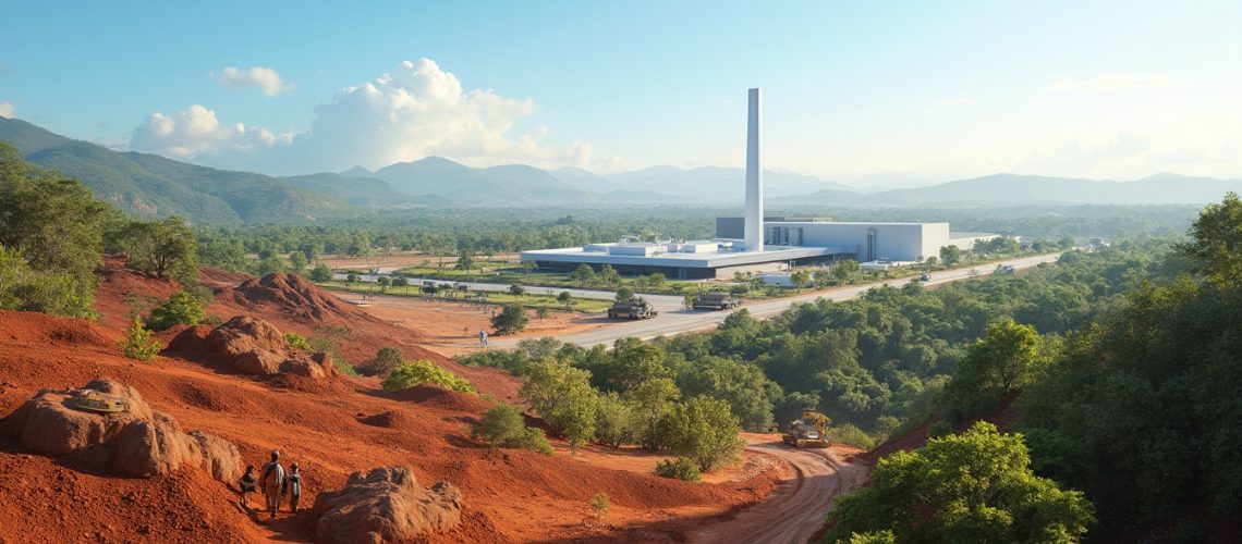 Modern factory surrounded by red soil, lush greenery, and distant mountains under a clear sky.