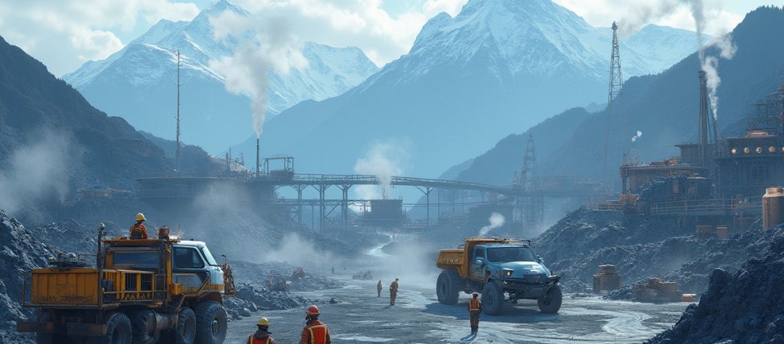 Mountainous mining scene with trucks, workers, smoke, and snowy peaks in the background.