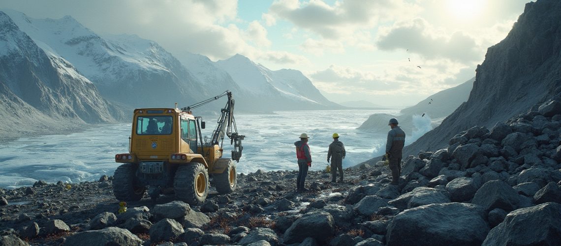 Mountain scene with workers, yellow excavator, and distant snowy peaks under a cloudy sky.