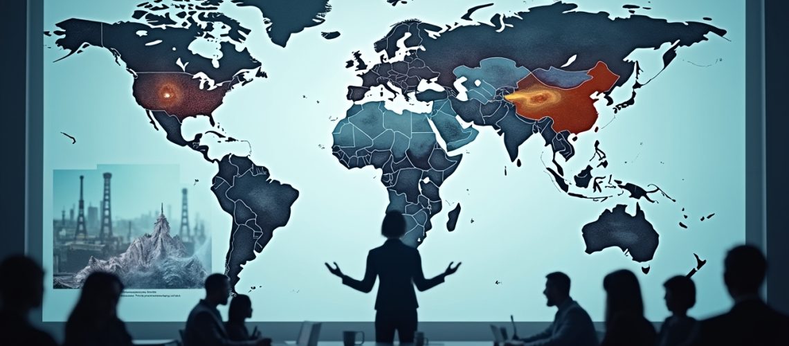 Silhouetted person presents a world map with highlighted regions to an audience in a dark room.