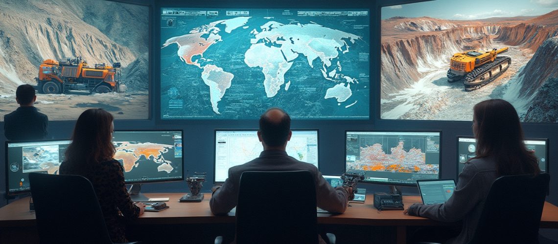 Mining control room with multiple monitors showing maps and machinery in a quarry setting.