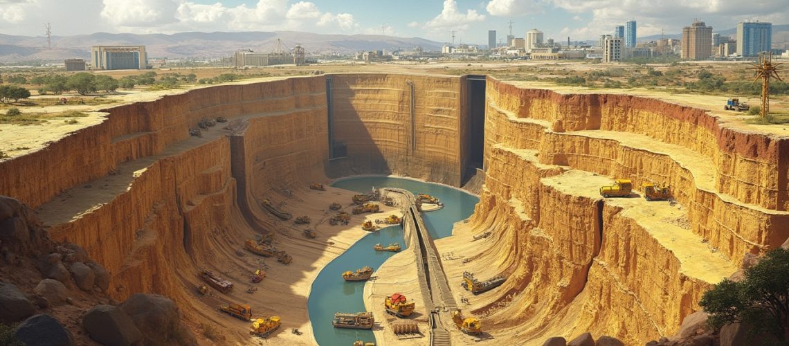 Massive canyon construction with machinery and a river, cityscape in the background under blue skies.