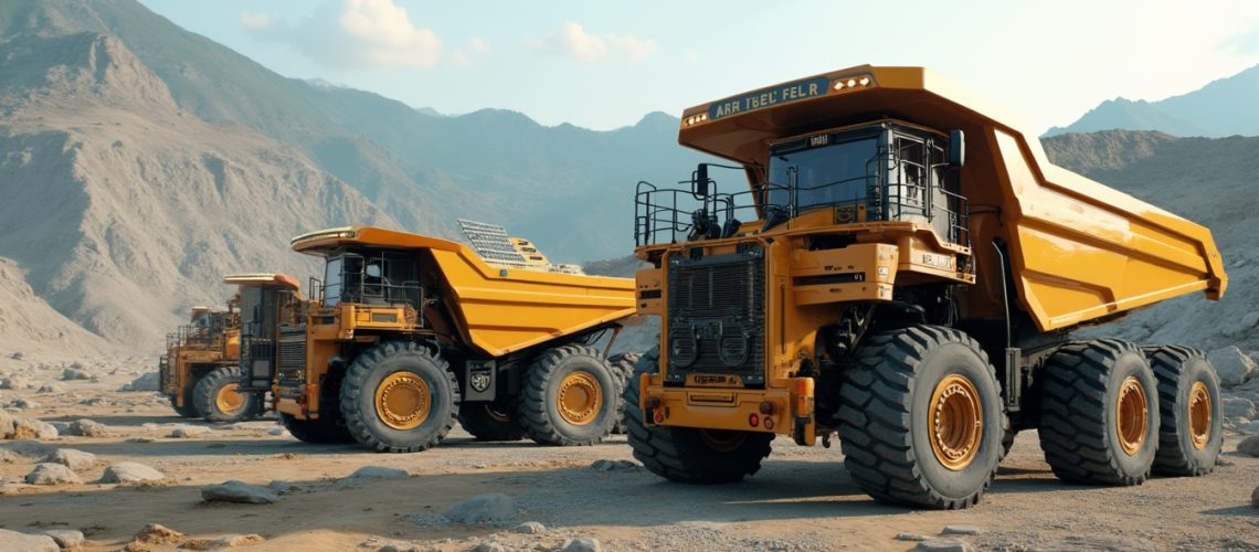 Three large yellow mining trucks on a rocky landscape with mountains in the background under a clear sky.