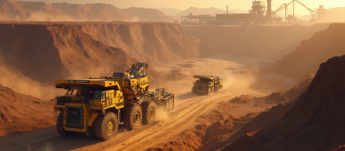 Mining trucks navigating a dusty road through a canyon, with an industrial plant in the background.