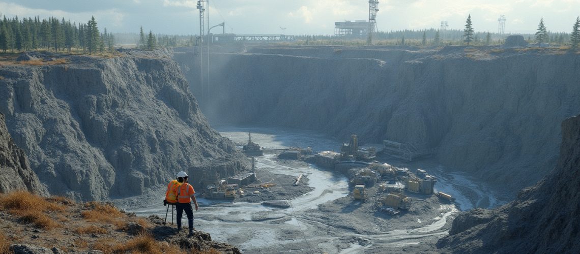 Two workers overlooking a large open-pit mine with machinery and distant structures on a cloudy day.