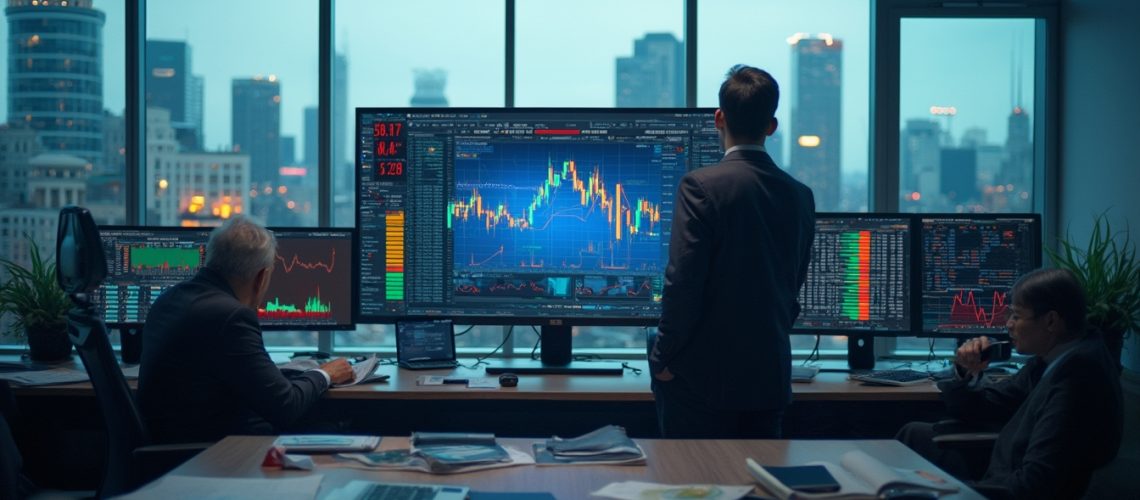 Professionals analyzing financial data on large screens in a modern office with city view.