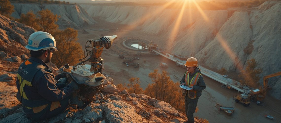 Two workers in a quarry at sunset, one using equipment, the other taking notes.