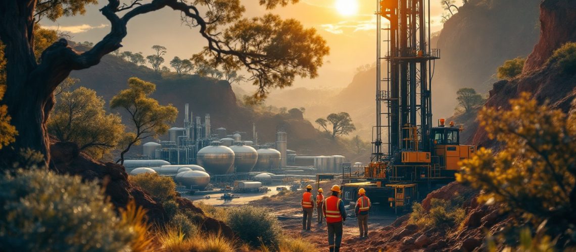 Viking Mines Ltd-VKA-Workers wearing helmets near an oil rig and refinery at sunrise, surrounded by hills and trees.