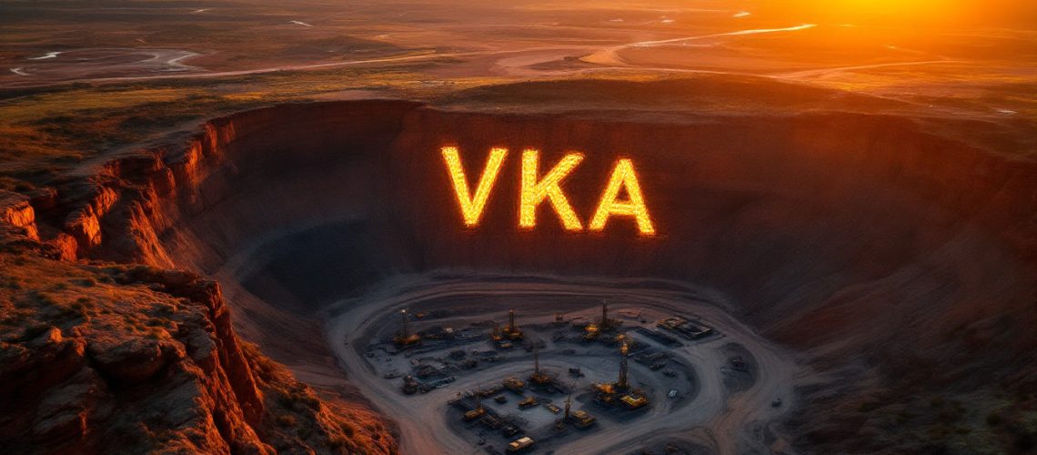 Viking Mines Ltd-VKA-Open-pit mine at sunset with "VKA" glowing on the cliff.