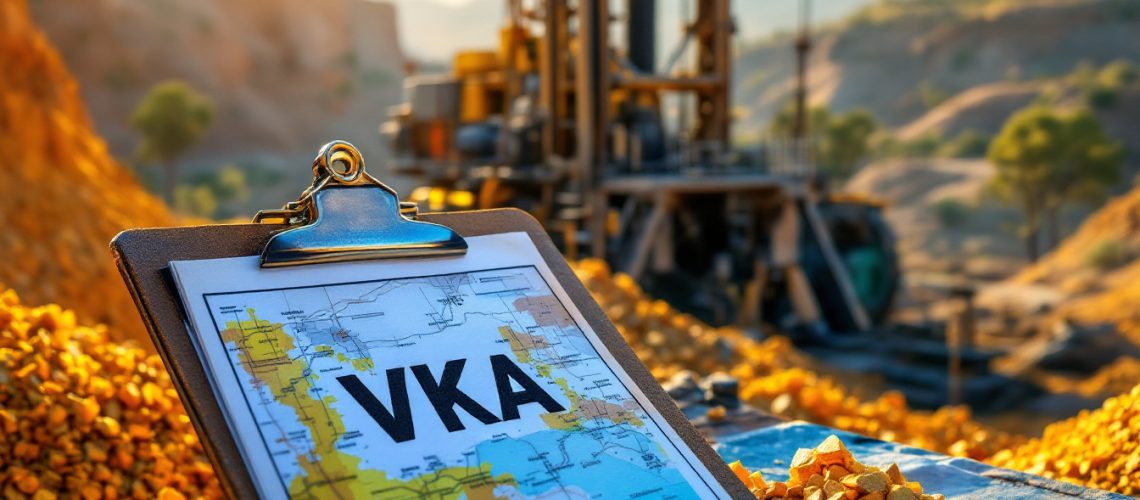 Viking Mines Ltd-VKA-Map labeled "VKA" on clipboard beside gold ore, with mining equipment visible in the background.