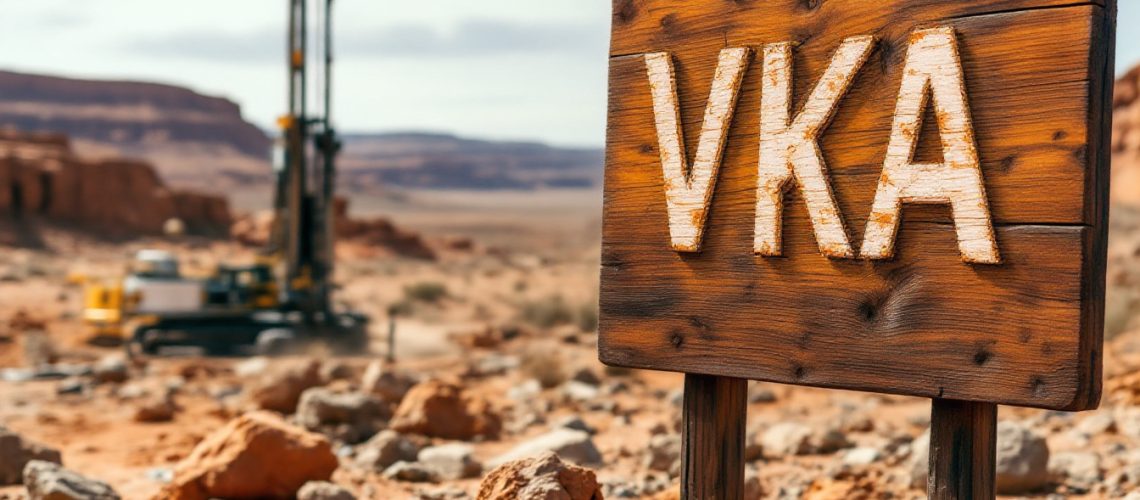 Viking Mines Ltd-VKA-Weathered sign with "VKA" in desert landscape, with drilling rig in the blurry background.