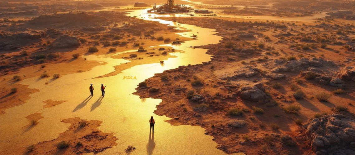 Viking Mines Ltd-VKA-Desert landscape at sunset with three people walking towards a distant tower.