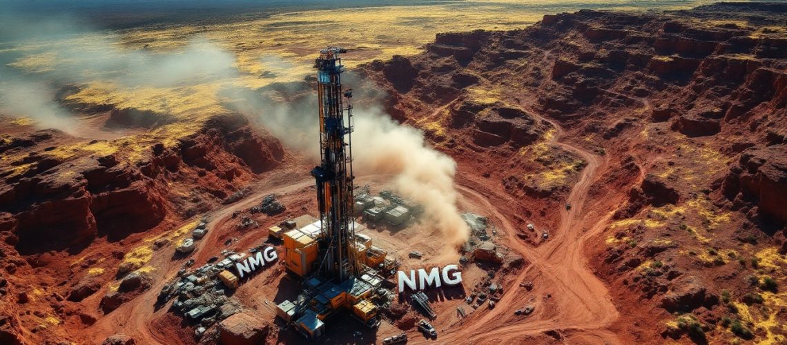 New Murchison Gold Ltd-NMG-Aerial view of a drilling rig surrounded by rugged red desert terrain under a clear blue sky.