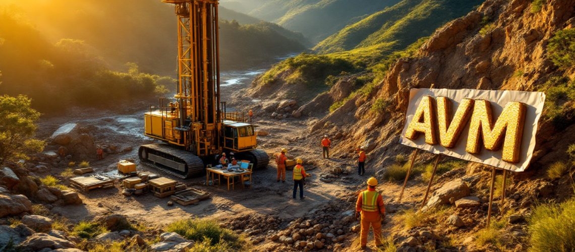 Advance Metals Ltd-AVM-Construction workers near a large drilling machine in a scenic mountainous landscape at sunrise.