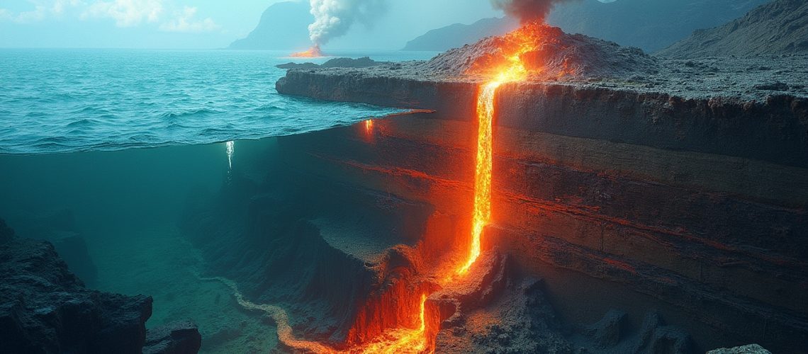 Lava flowing into the ocean from a volcano, creating smoke and steam.