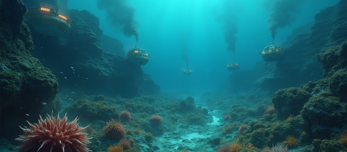 Underwater scene with domed submarines emitting smoke, surrounded by coral and sea anemones.