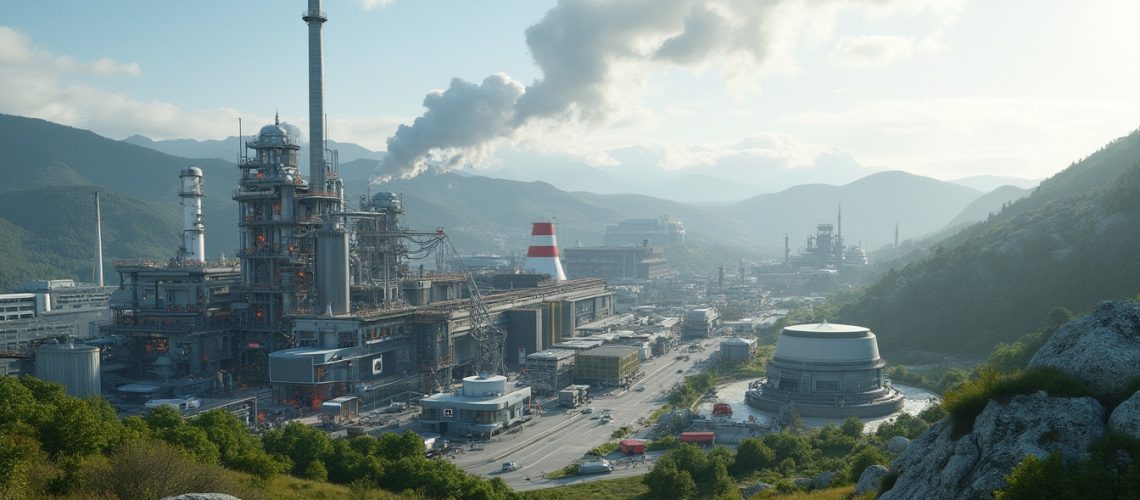 Industrial factory complex nestled in a green valley with smoke stacks under a bright sky.