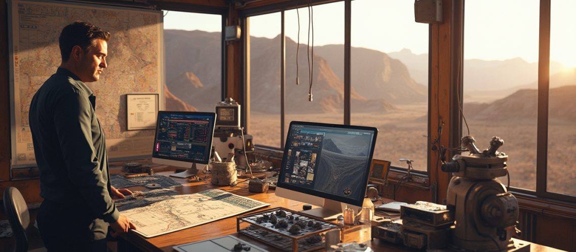 Man analyzing geological data with computers and maps in a sunlit desert office setting.