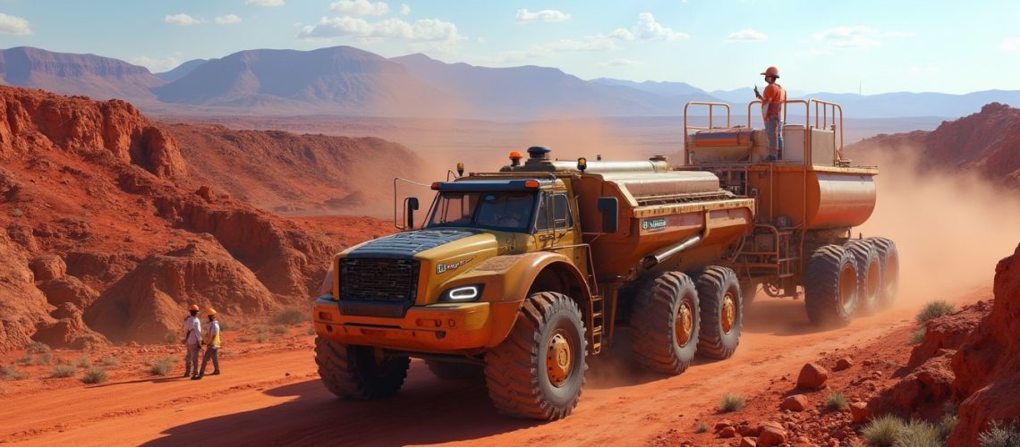 Heavy-duty truck in a dusty, red desert landscape with mountains in the background.