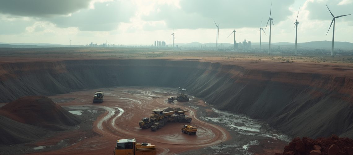 Trucks in a vast open pit mine under cloudy skies, with wind turbines and a distant city skyline.