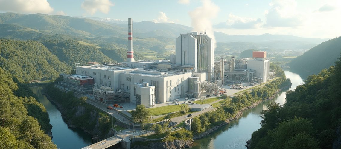 Industrial plant nestled in a lush valley, bordered by a winding river and distant mountains.