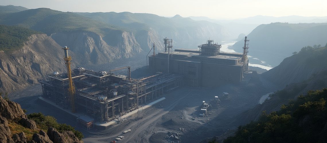 Industrial facility under construction in a mountainous landscape, beside a river.