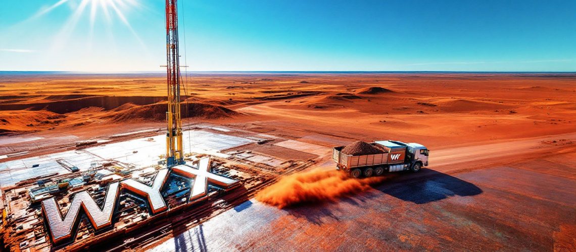 Western Yilgarn NL-WYX-Drone view of a construction site in a desert with a truck and large "WYX" letters on the ground.