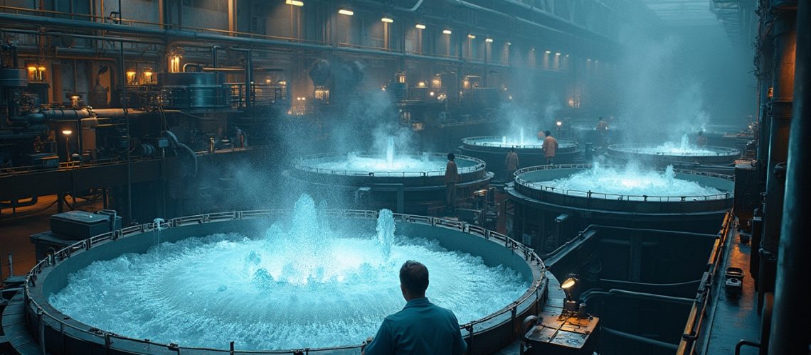 Large, industrial vats with bubbling blue liquid in a dimly lit factory setting.