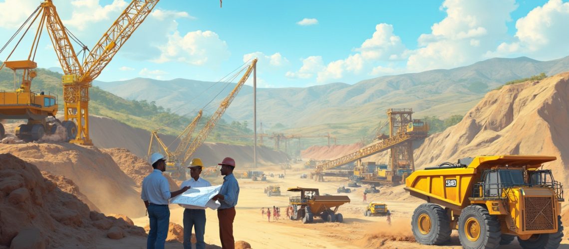 Engineers with blueprints at a construction site with cranes, trucks, and mountains in the background.