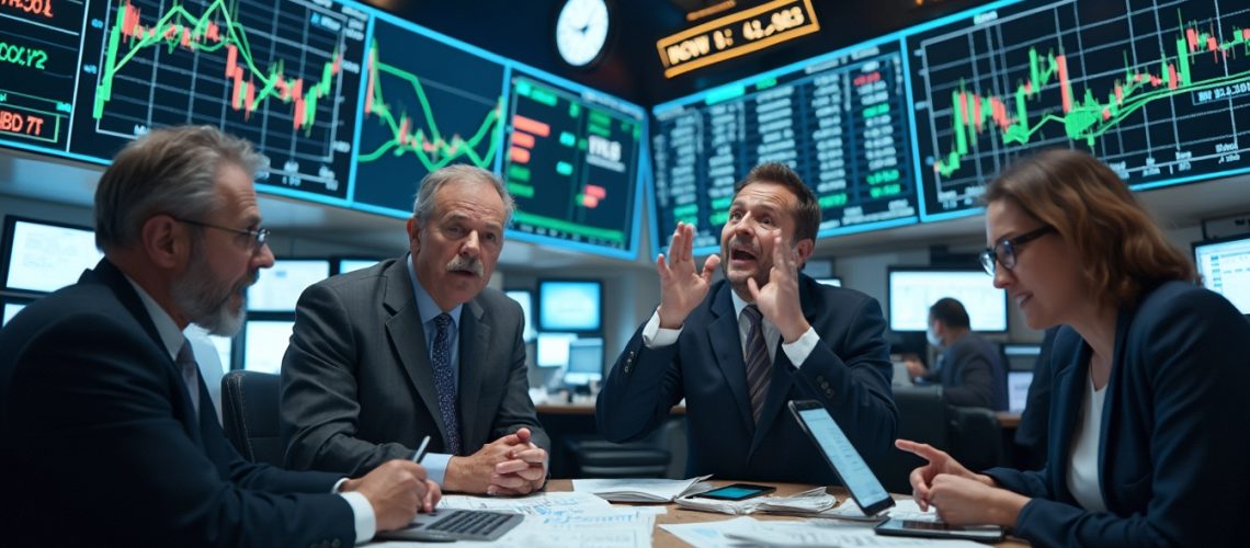 People discussing stock charts in a bustling trading room.