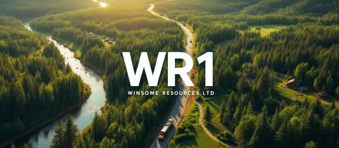 Winsome Resources Ltd-WR1-A lush forest landscape with a winding river and a road. Text: WR1 Winsome Resources Ltd.