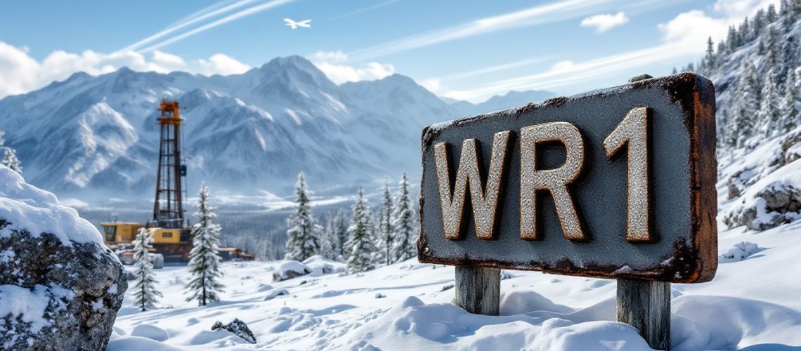 Winsome Resources Ltd-WR1-Snowy landscape with WR1 sign, distant drilling rig, mountains, and airplane in the sky.