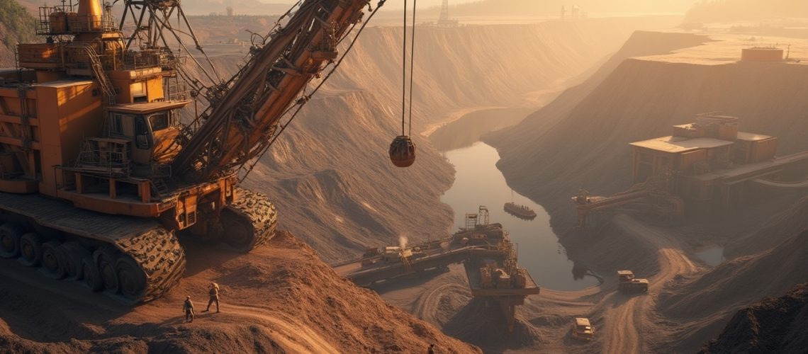 Giant excavator at a dusty mining site during sunset, with workers and vehicles around.