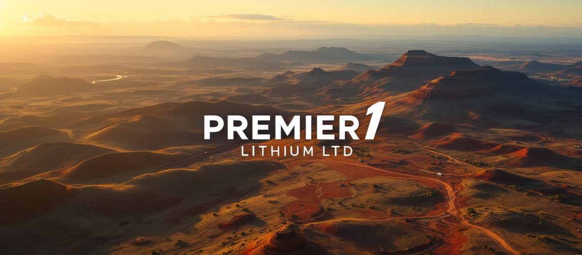 PREMIER1 Lithium Ltd-PLC-Drone view of a desert landscape at sunset with "Premier 1 Lithium Ltd" text overlay.