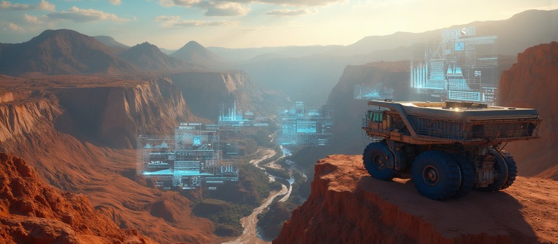 Mining truck overlooking canyon landscape, future.