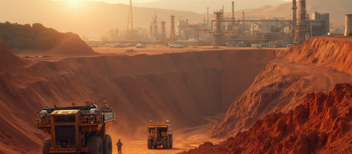 Large mining trucks in a deep, sunlit quarry with industrial buildings in the background.