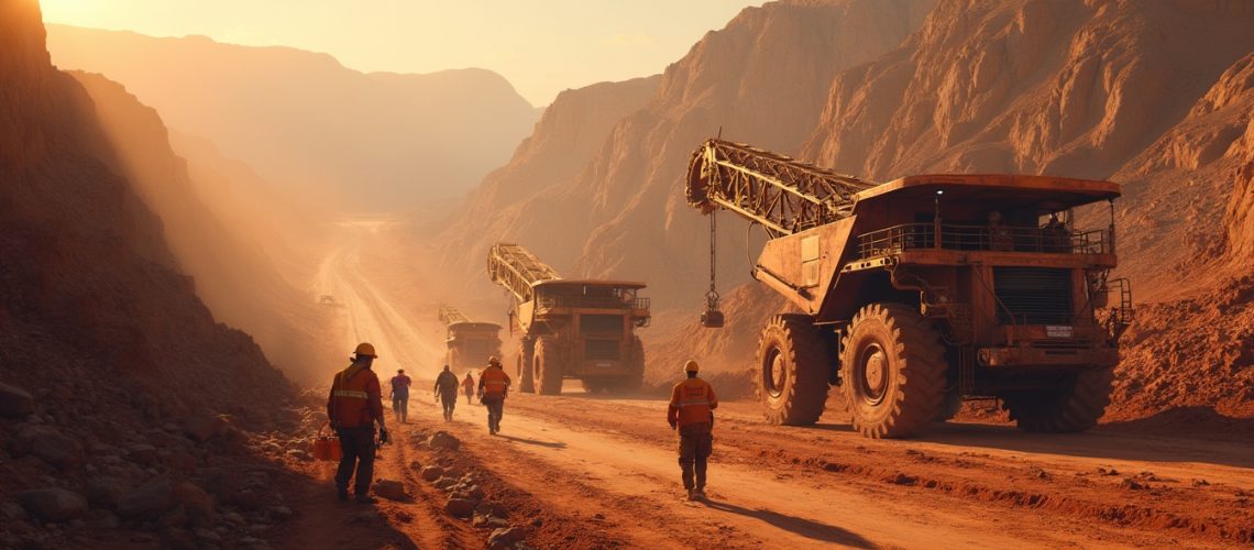 Workers and large trucks in a dusty canyon, illuminated by warm sunlight.