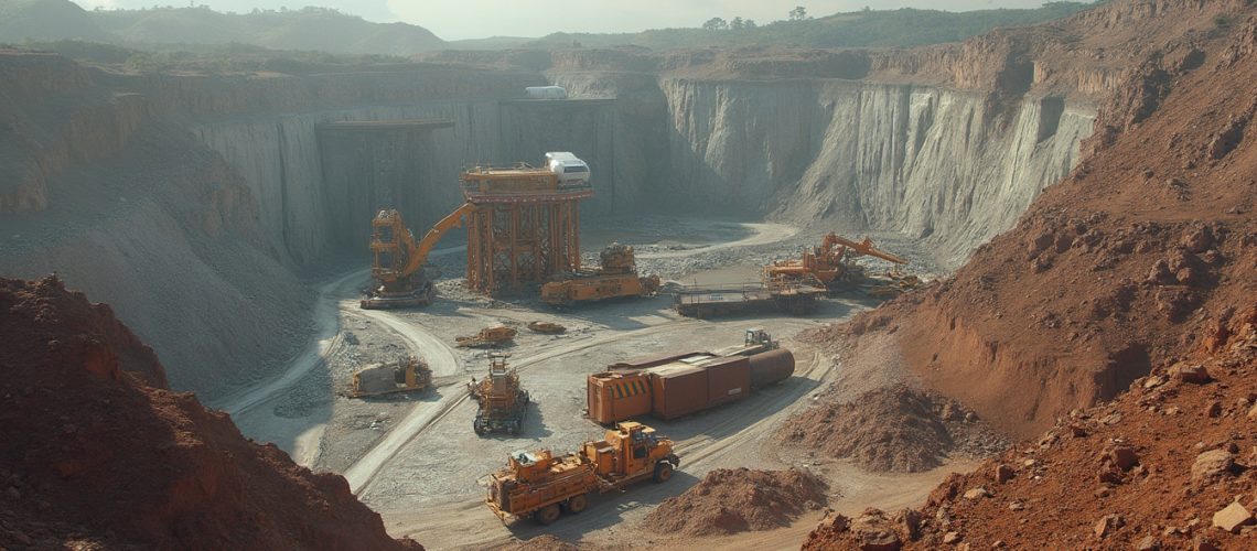 Large open-pit mine with heavy machinery and vehicles on terraced levels under a hazy sky.