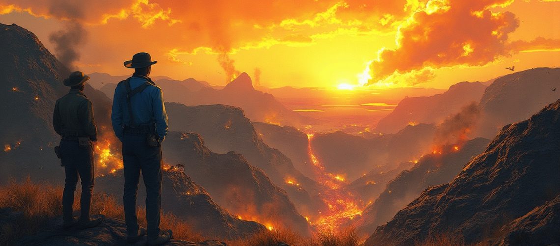 Two people overlook a fiery valley at sunset, with smoke rising and orange skies above rugged terrain.