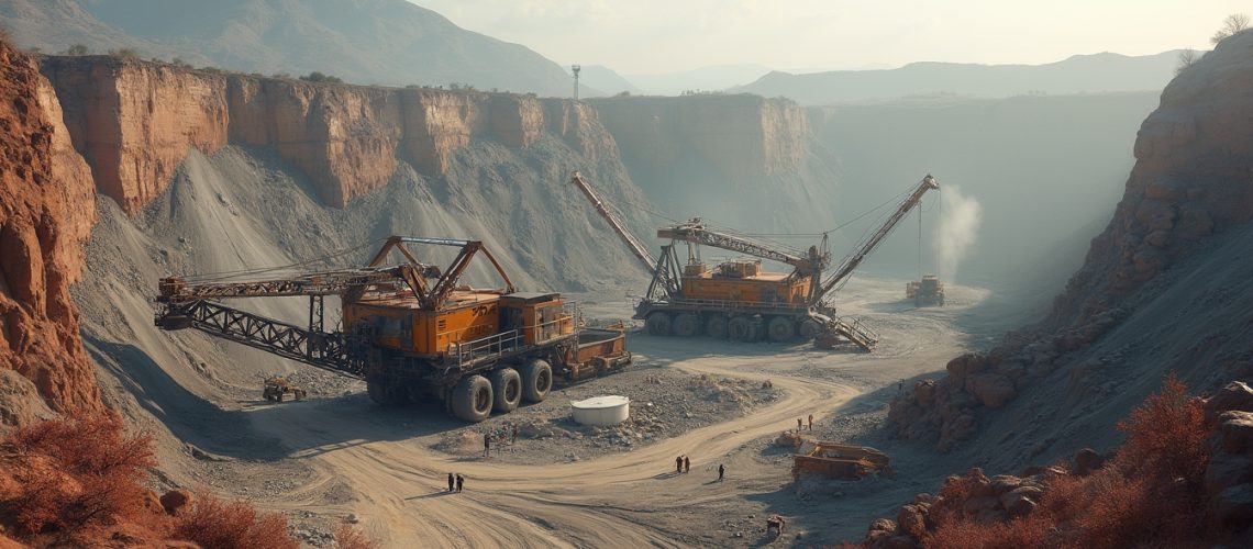 Large mining equipment in a quarry surrounded by steep rocky cliffs and distant mountains.