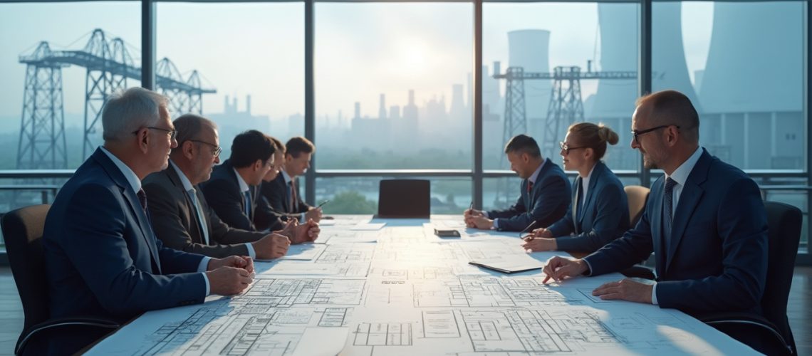 Business meeting with people reviewing large architectural blueprints in a modern conference room.